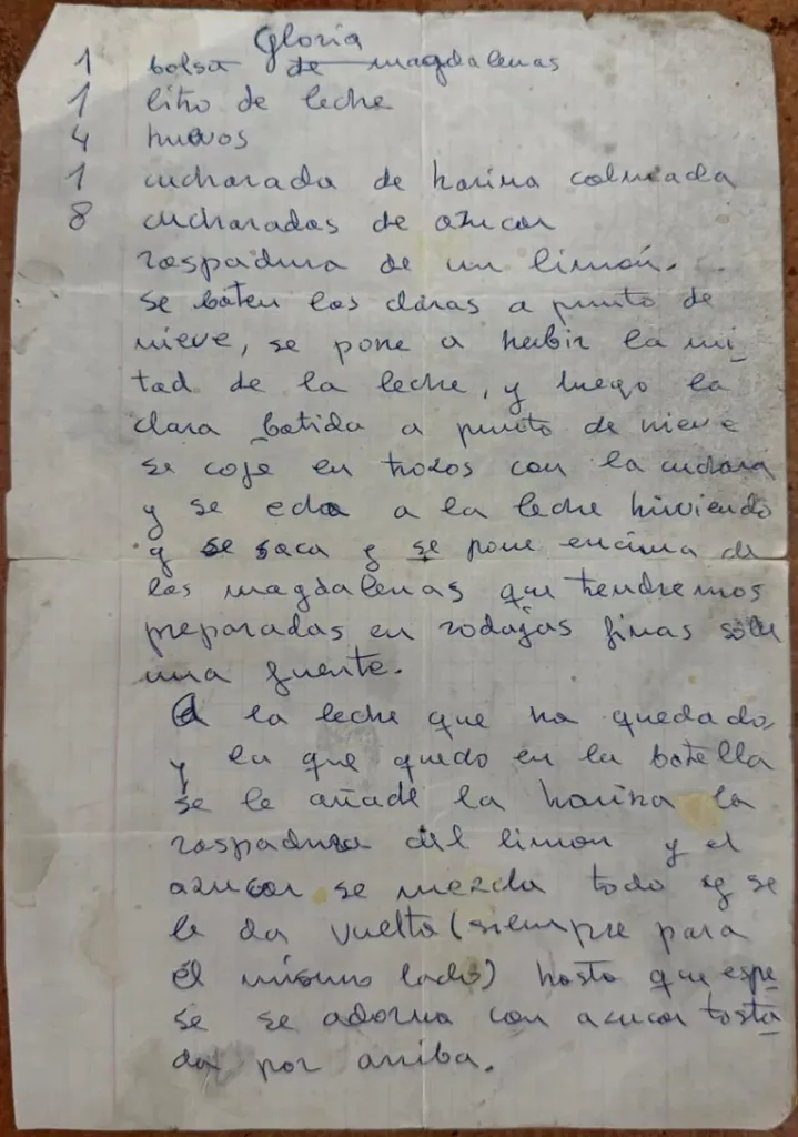 Receta manuscrita original de la Gloria de la yaya Ernestina