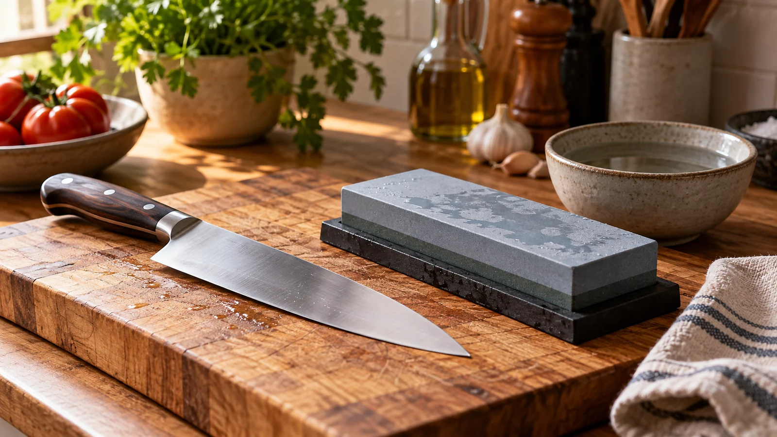 Cuchillo de cocina junto a una piedra de afilar sobre una tabla
