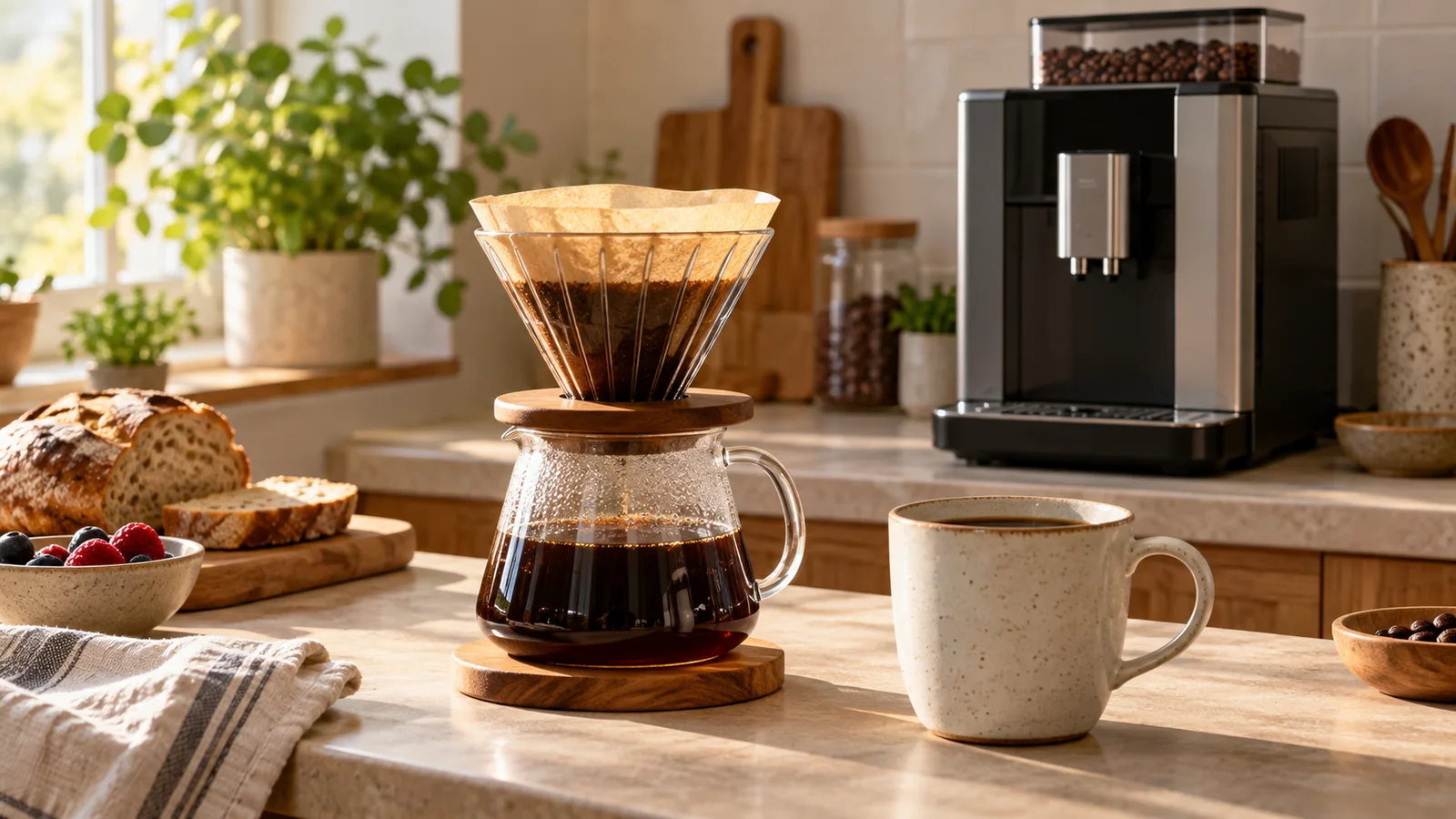Cafetera con molinillo junto a un dripper de café filtrado y una taza.