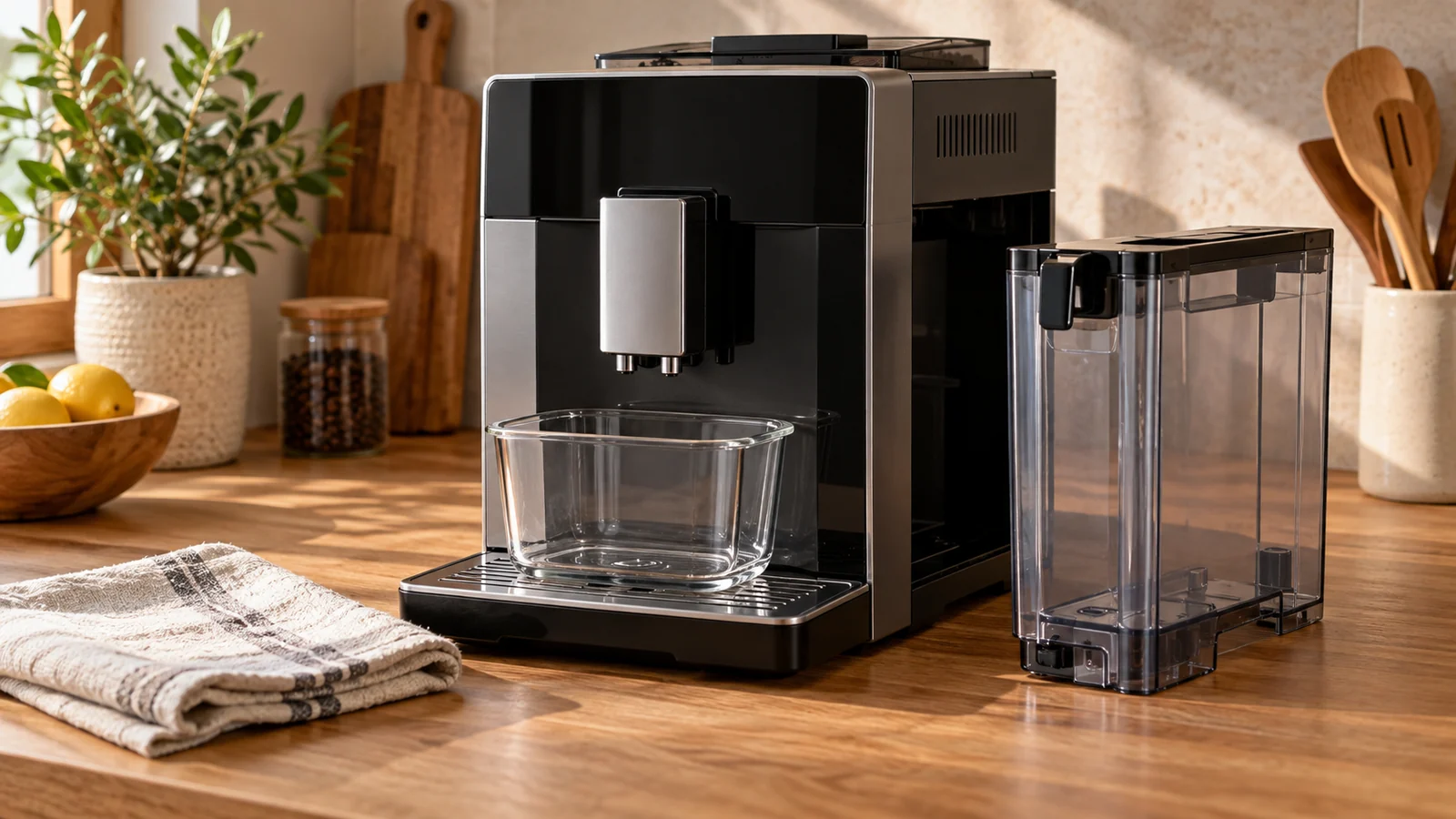 Cafetera superautomática con depósito desmontado para su mantenimiento