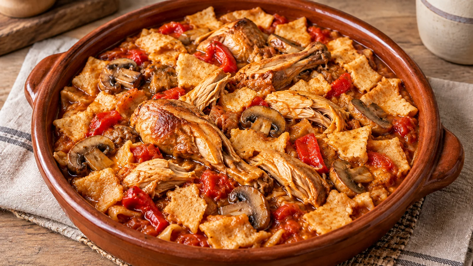 Gazpachos pineros con torta gazpachera, carne deshilachada, setas y pimiento rojo