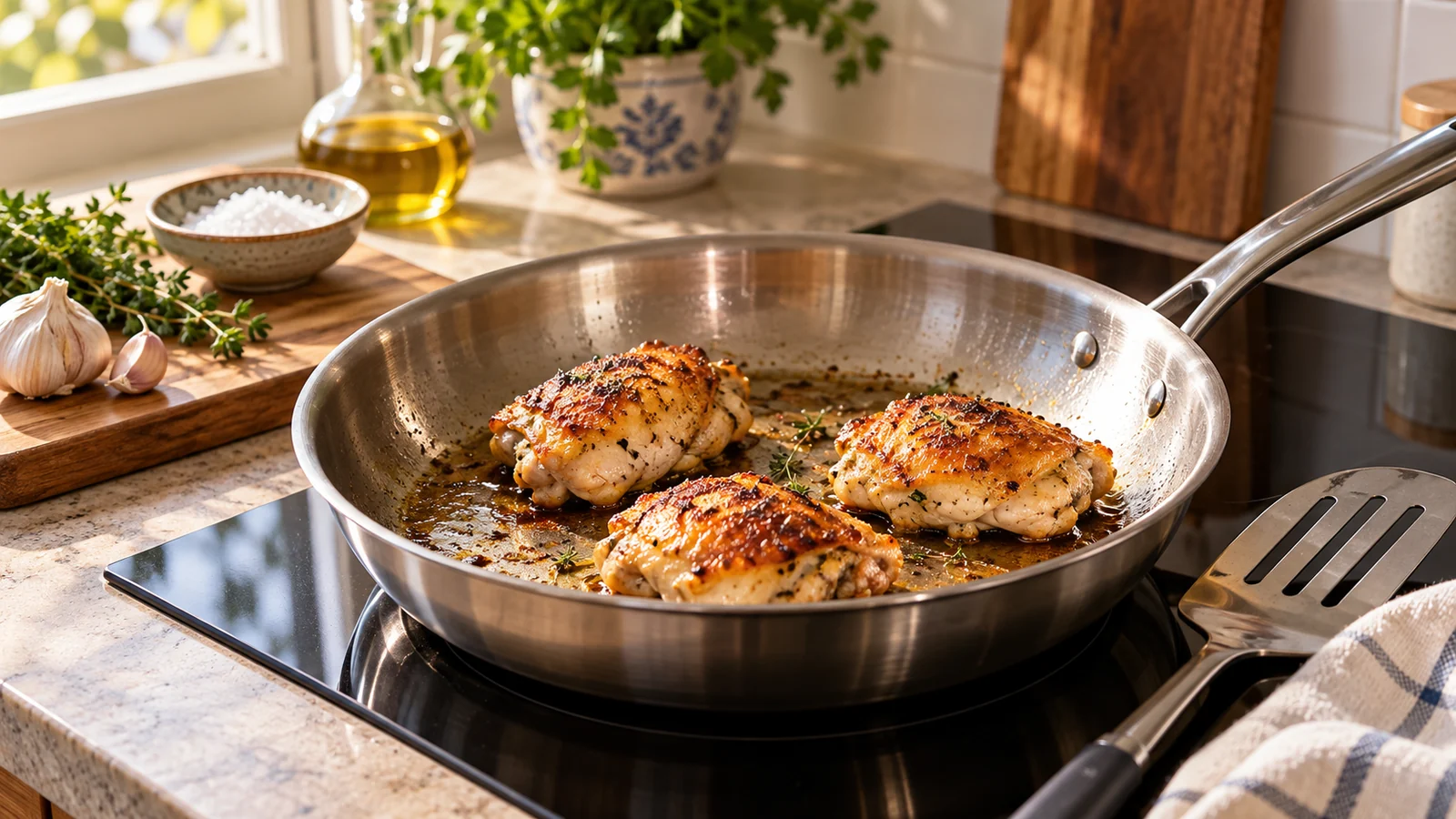 Sartén de acero inoxidable con pollo dorado y espacio entre las piezas