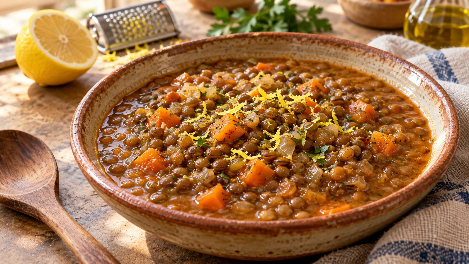 Lentejas con verduras y caldo espeso, terminadas con ralladura de limón