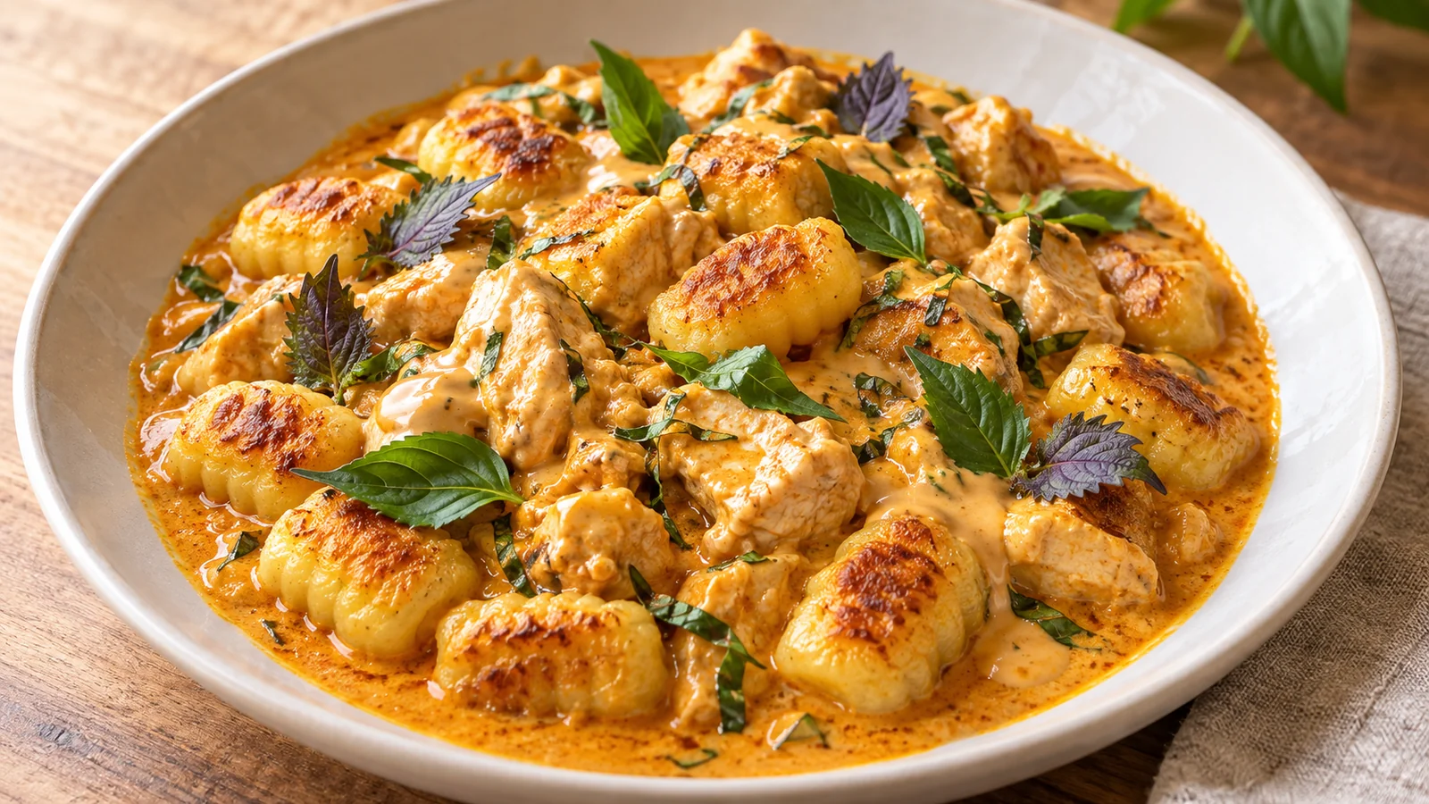 Ñoquis dorados con pavo al curry, salsa cremosa de yogur y hojas de shiso