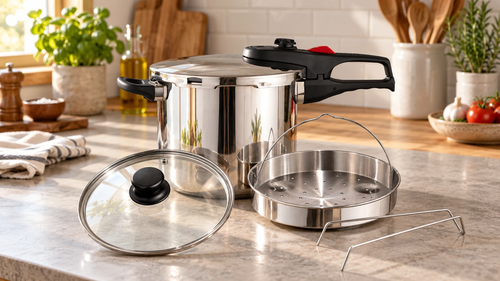 Olla a presión de acero inoxidable con tapa, cestillo y accesorios sobre una encimera de cocina