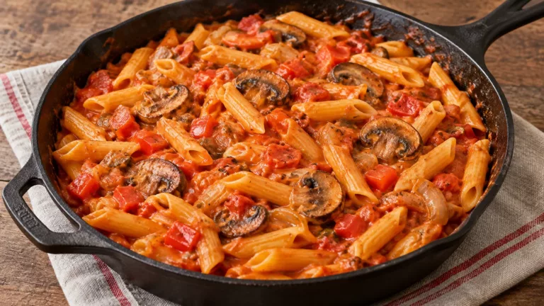 Pasta con verduras en una sartén: mi receta con tomate y champiñones