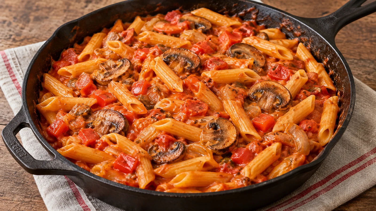 Pasta corta con tomate, pimiento y champiñones cocinada en una sartén