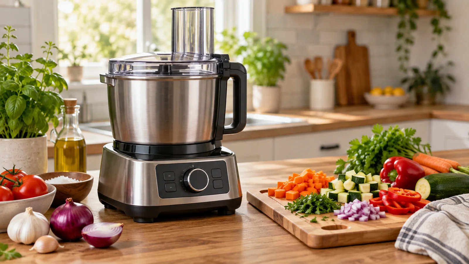 Robot de cocina genérico con bol de acero junto a verduras cortadas.